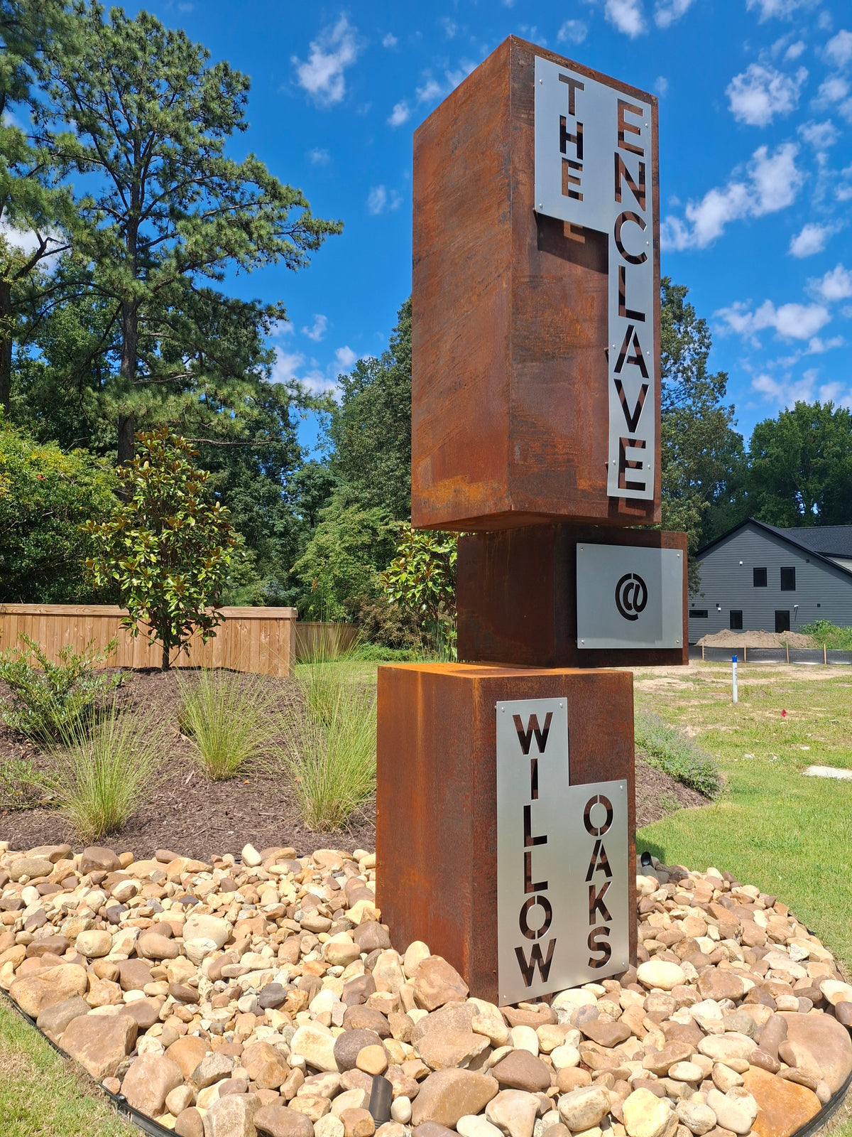 Balanced - Abstract geometric steel sculpture used as a signage