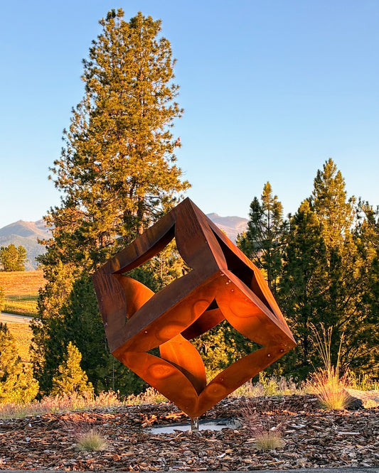 Hollow Cube - Abstract steel outdoor large sculpture