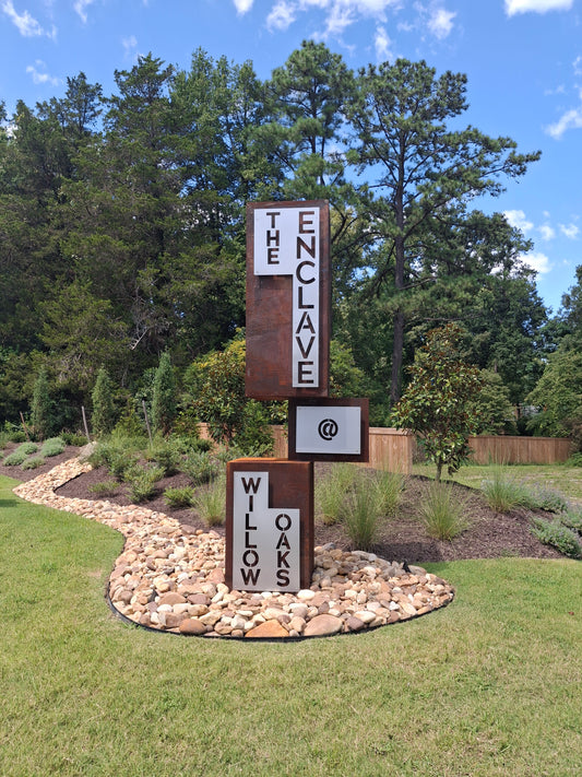 Balanced - Abstract geometric steel sculpture used as a signage